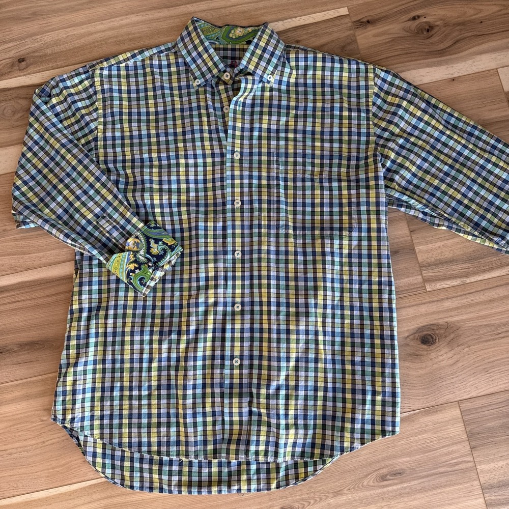 Alan Flusser Mens Plaid Button Down Shirt Blue Green Paisley Trim Cotton Size M